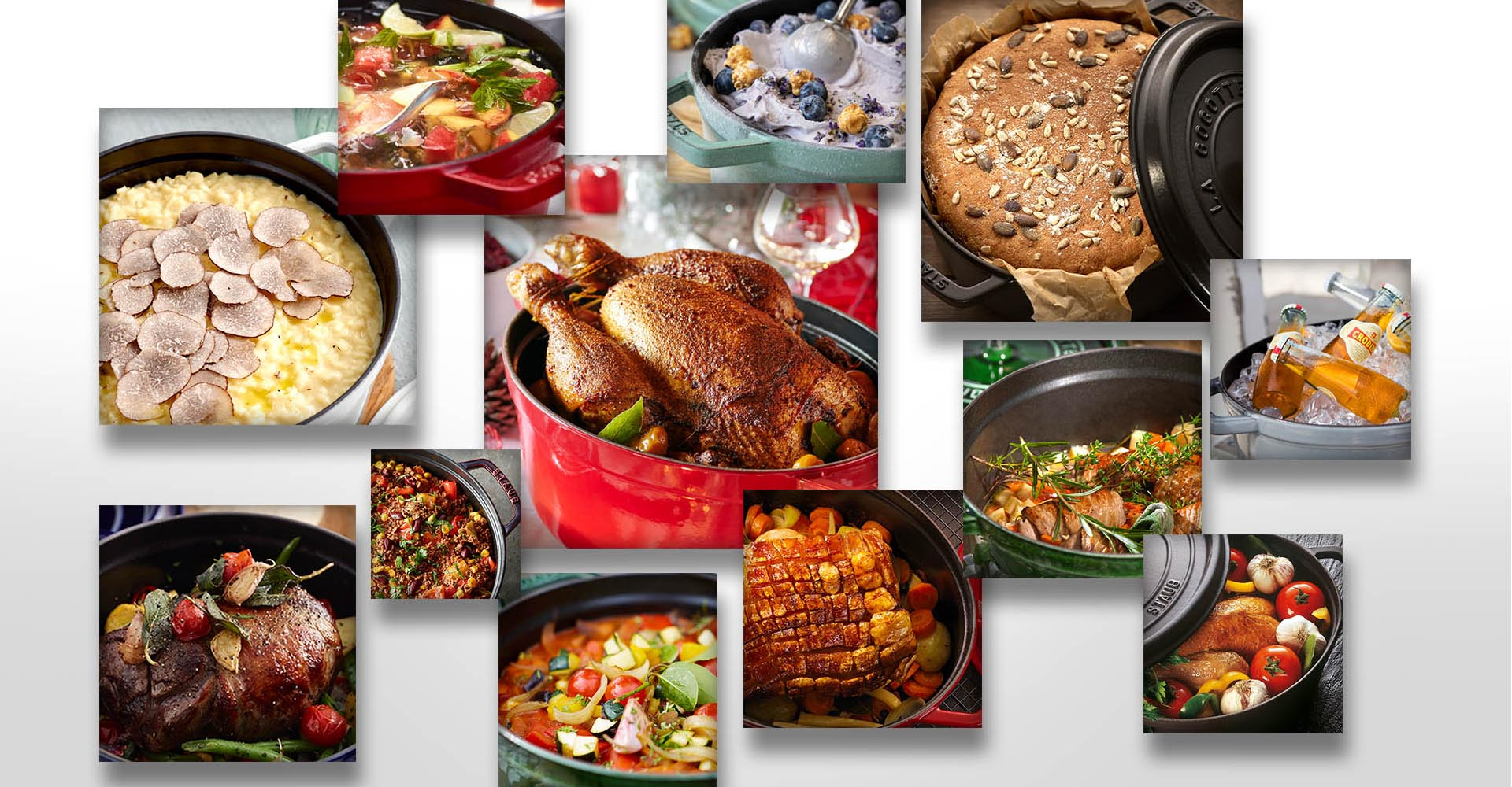 Różnorodność dań w żeliwnych garnkach Staub. Żeliwne garnki Staub z potrawami: pieczeń, risotto, deser i więcej.