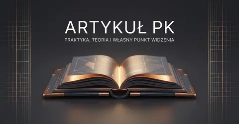Otwarta księga w nowoczesnej aranżacji, tło ciemne z geometrycznymi złotymi liniami, napisy bloga