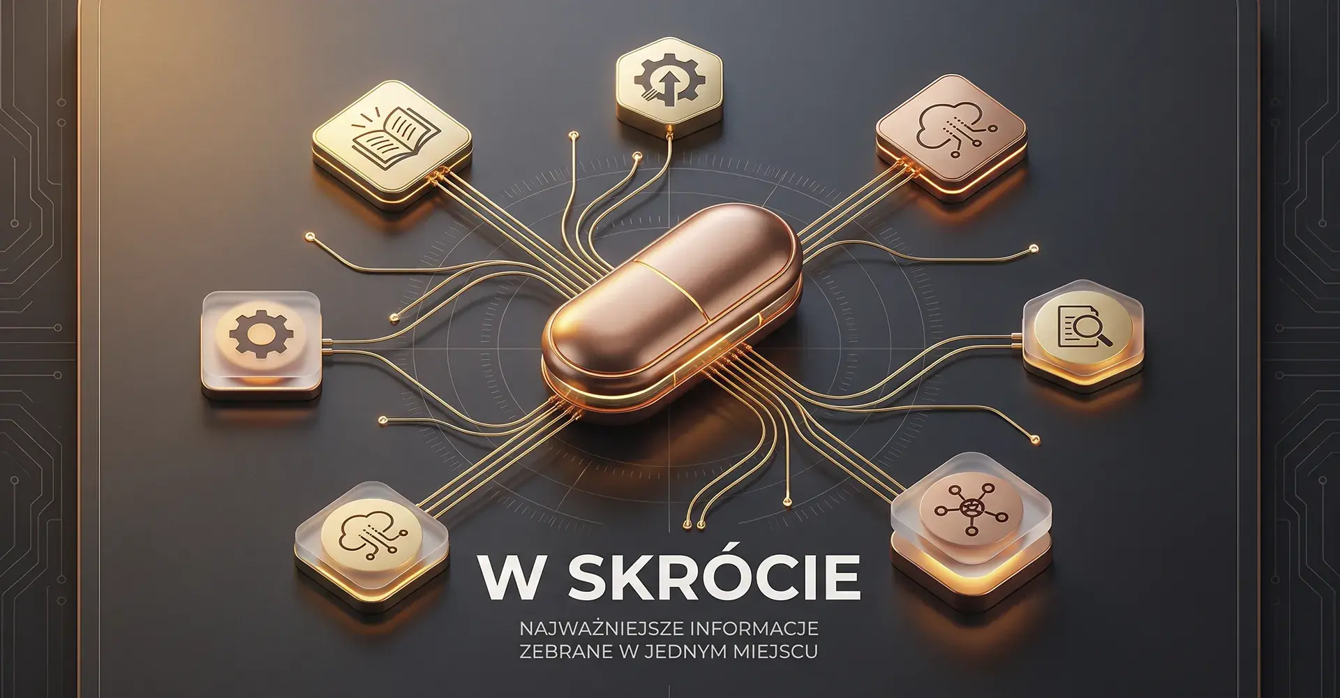 Ilustracja graficzna przedstawiająca centralny punkt z rozchodzącymi się ikonami tematycznymi Złote ikony wiedzy i technologii połączone z centralną kapsułą na czarnym tle, symbol skrótu informacji