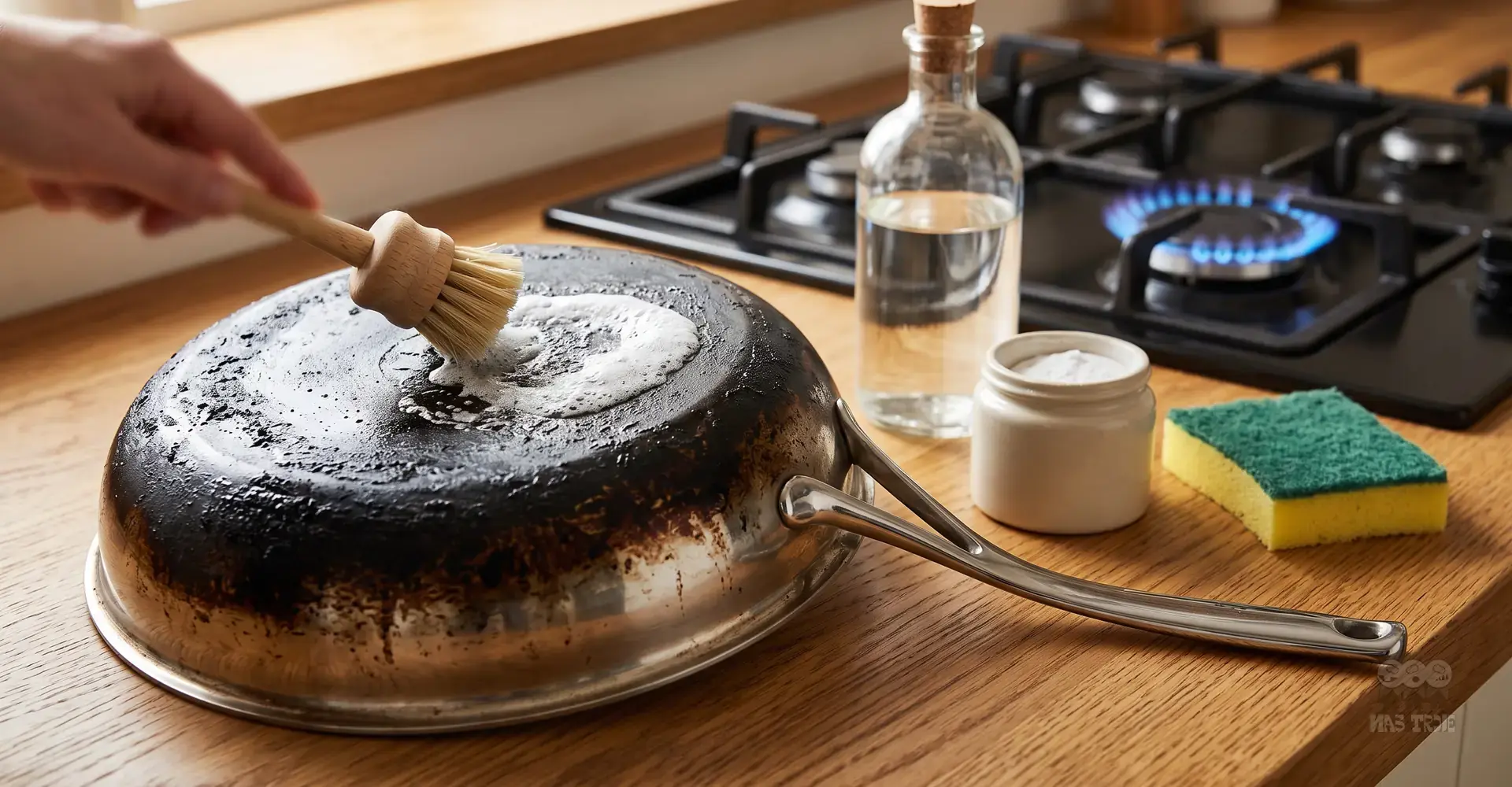 Usuwanie osadu z dna stalowego naczynia kuchennego domowymi sposobami Czyszczenie przypalonej patelni stalowej szczotką na kuchennym blacie przy użyciu ekologicznych środków