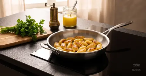 Smażone kopytka na stalowej patelni na kuchence indukcyjnej obok natki pietruszki i masła klarowanego