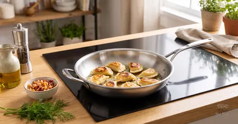 Smażone pierogi na patelni ze stali nierdzewnej na kuchence indukcyjnej, zioła i dodatki obok