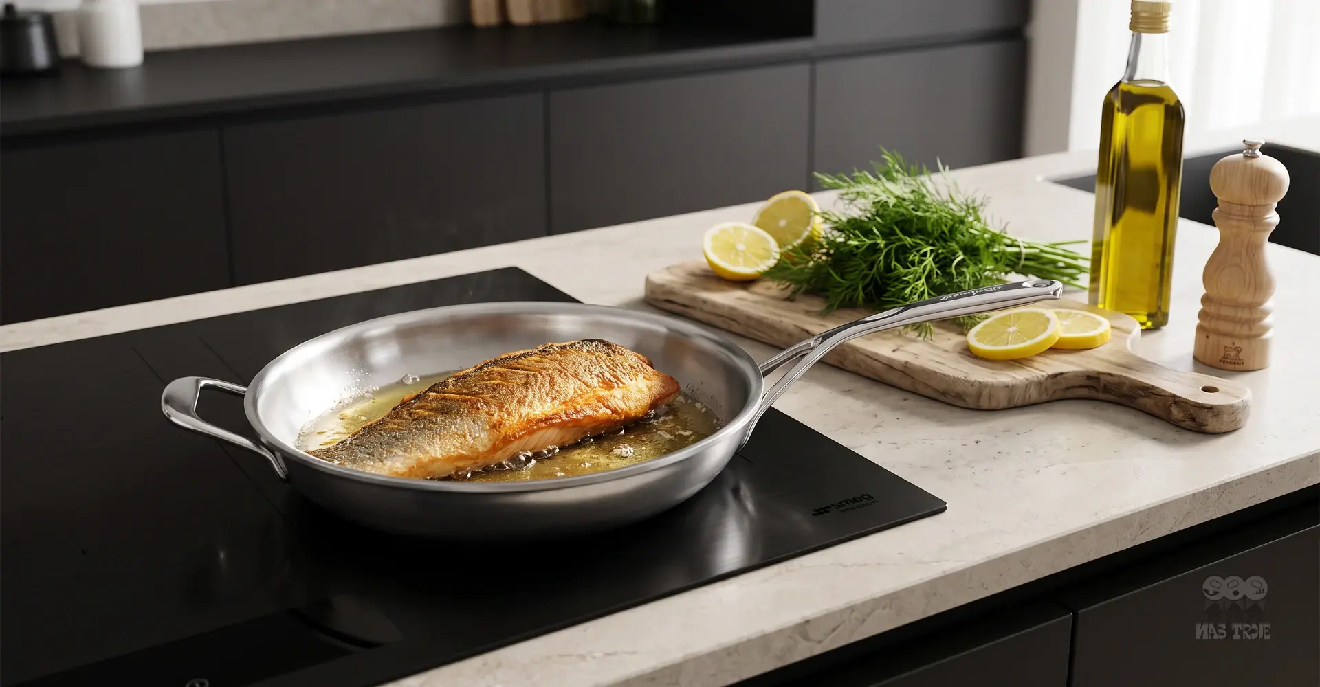 Filet ryby smażony na stalowej patelni na kuchence indukcyjnej w nowoczesnej kuchni z dodatkami.