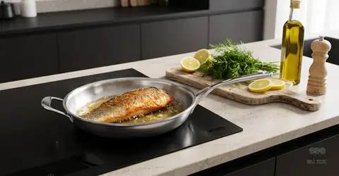 Filet ryby smażony na stalowej patelni na kuchence indukcyjnej w nowoczesnej kuchni z dodatkami.