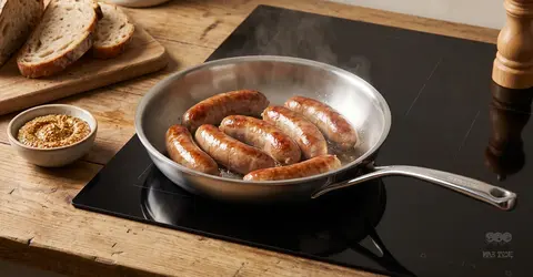 Soczyste kiełbaski smażone na stalowej patelni na płycie indukcyjnej, obok świeży chleb i musztarda.