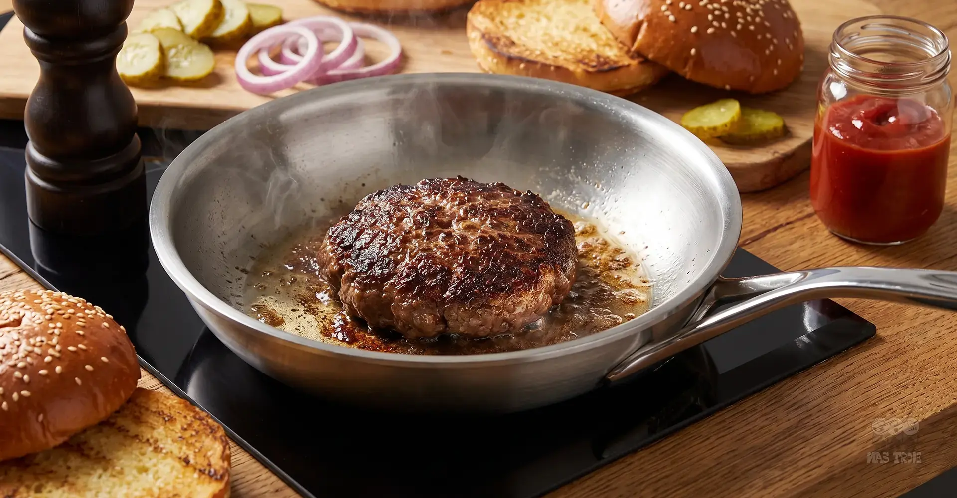 Soczysty kotlet wołowy smażony na patelni ze stali nierdzewnej – idealny do burgera Burger smażony na stalowej patelni, obok bułki, ogórki i sos na drewnianym blacie kuchennym