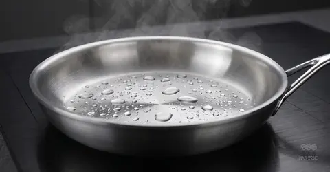 Krople wody na rozgrzanej patelni ze stali nierdzewnej na czarnej kuchence indukcyjnej