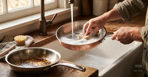 Ręczne mycie miedzianej patelni pod bieżącą wodą w kuchni, obok stalowej patelni i szczotki do naczyń