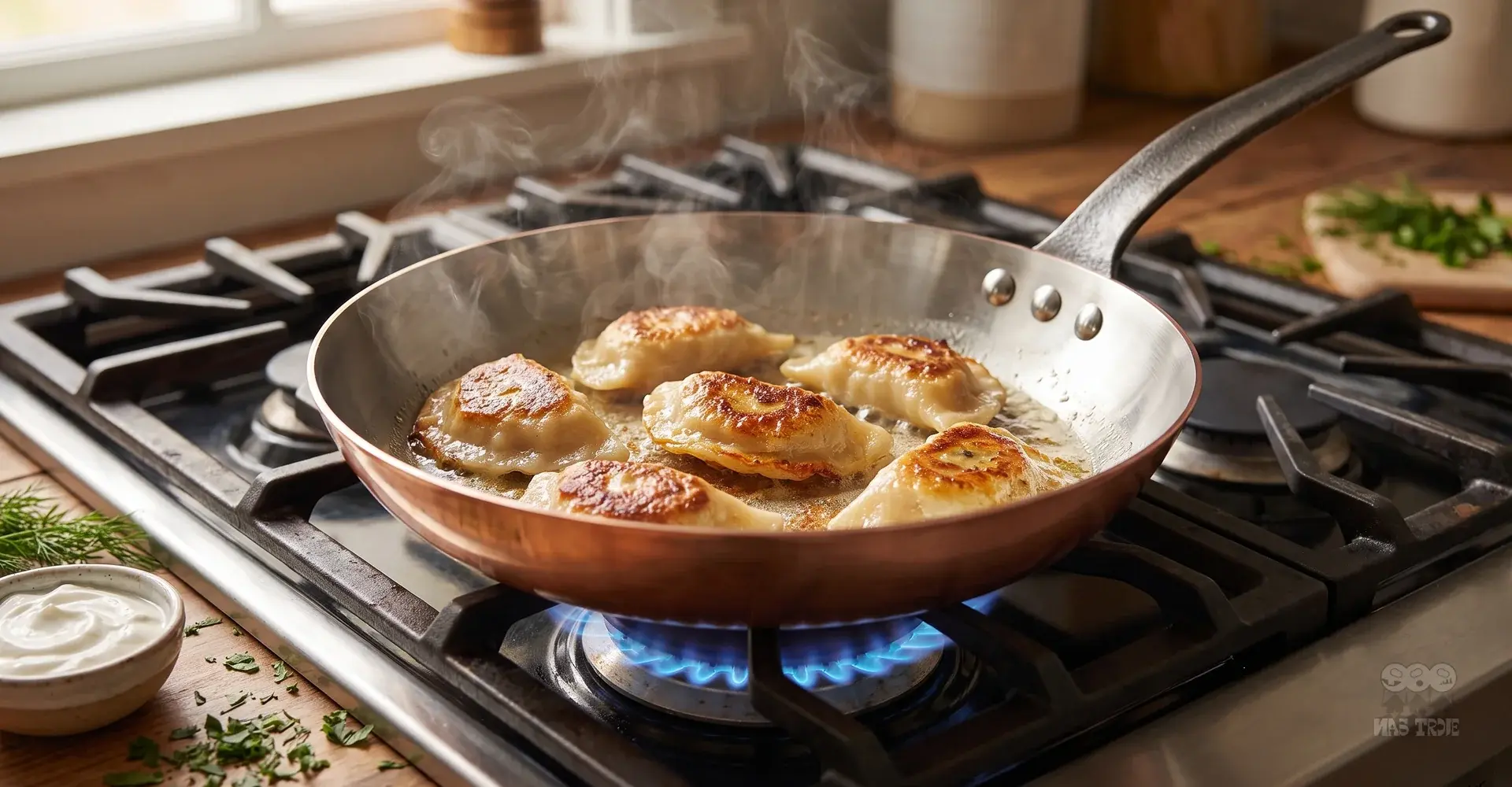 Smażone pierogi na patelni miedzianej na kuchence gazowej, świeże zioła i śmietana obok