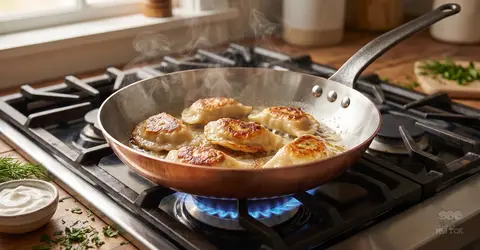 Smażone pierogi na patelni miedzianej na kuchence gazowej, świeże zioła i śmietana obok