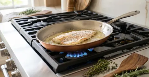 Filet rybny smażony bez skóry na patelni miedzianej na kuchence gazowej z ziołami obok