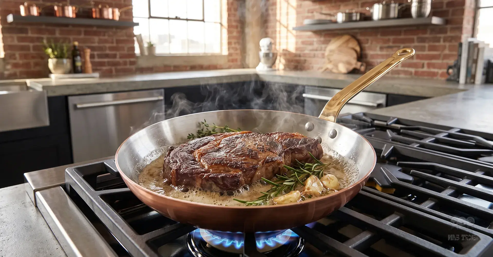 Soczysty stek na patelni z miedzi – smażenie z dodatkiem rozmarynu w stylowej kuchni Stek smażony na miedzianej patelni z ziołami i czosnkiem na kuchence gazowej w nowoczesnej kuchni