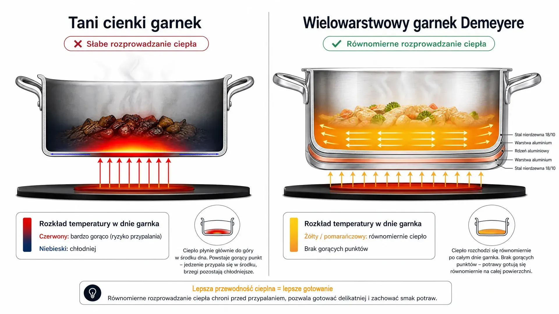 Porównanie taniego garnka z cienkiej blachy i wielowarstwowego garnka Demeyere – różnice w rozprowadzaniu ciepła.