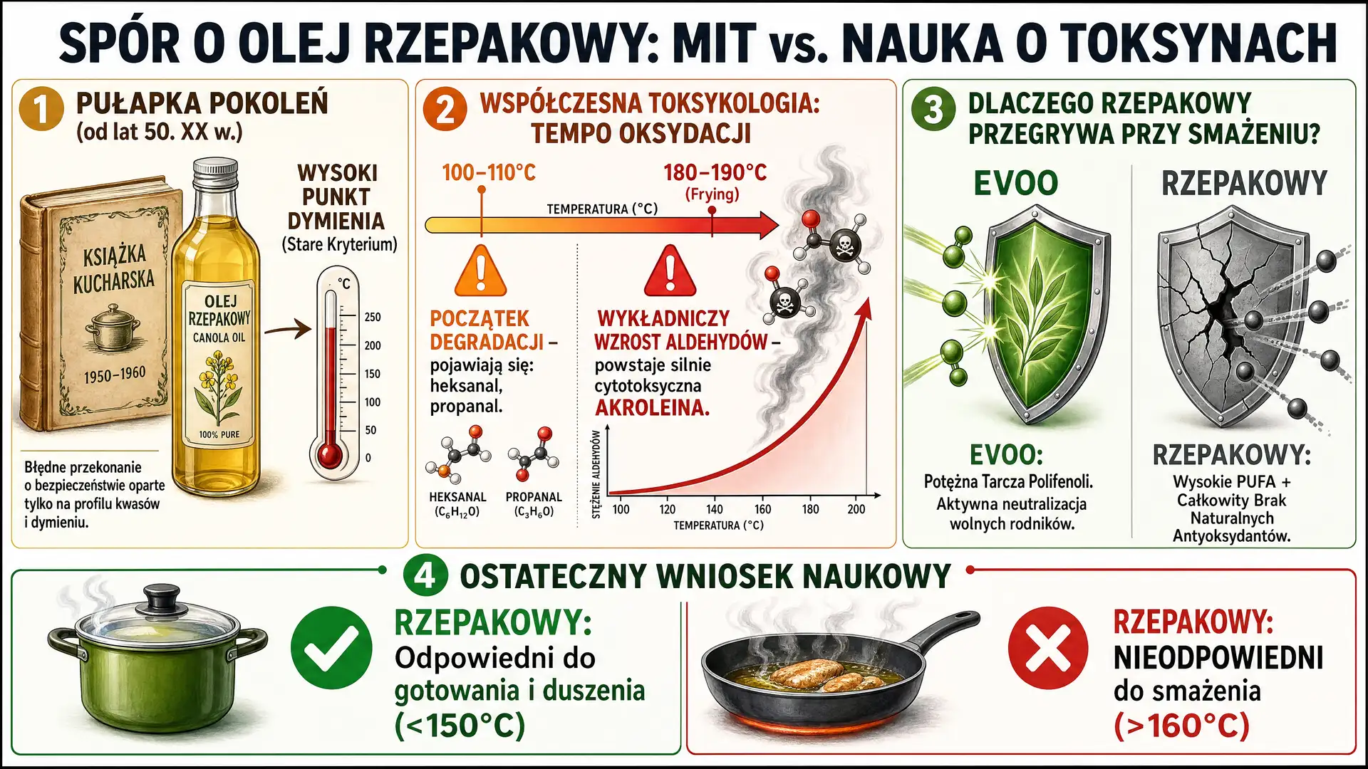 Porównanie oleju rzepakowego i oliwy z oliwek do smażenia – wskazówki naukowe i praktyczne Infografika o bezpieczeństwie smażenia na oleju rzepakowym i oliwie Extra Virgin, mit kontra nauka