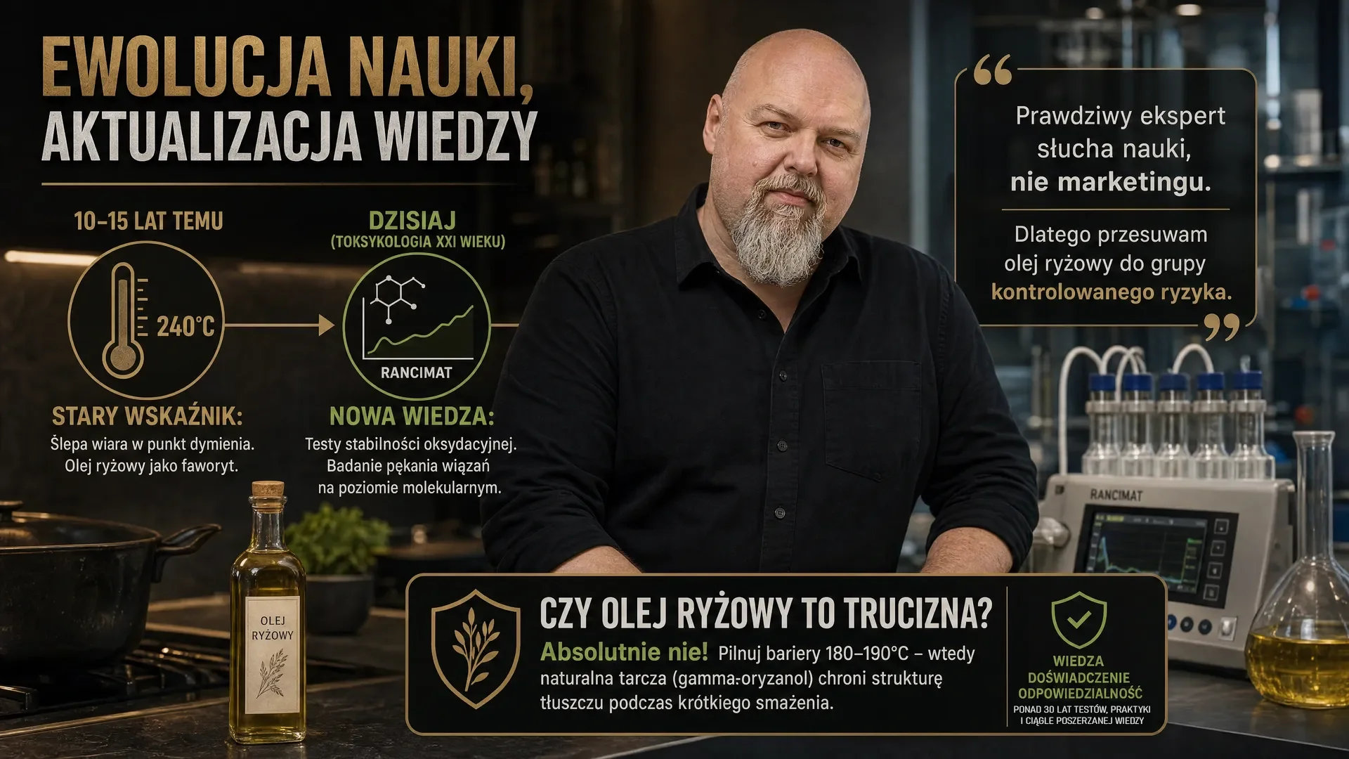 Ekspert kuchenny omawiający bezpieczeństwo smażenia oleju ryżowego i nowe badania nad stabilnością tłuszczów