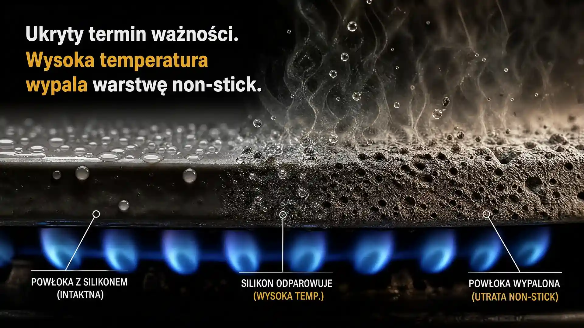 Widok patelni ceramicznej na ogniu z parującą powierzchnią, pokazujący wypalanie warstwy non-stick.