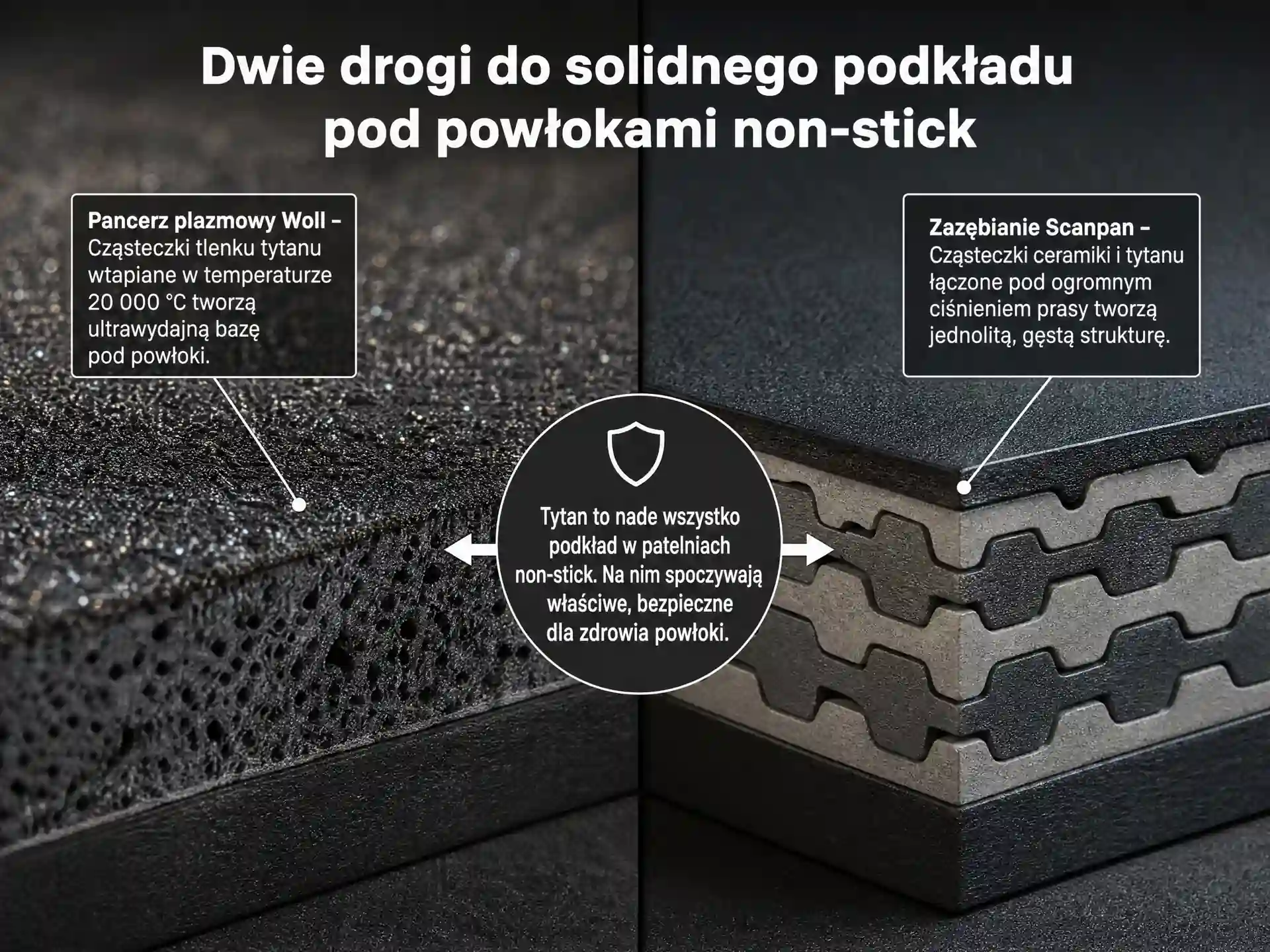 Dwie różne metody tworzenia solidnych podkładów w patelniach non-stick – analiza budowy Przekrój patelni z opisem dwóch technologii podkładów non-stick: tytanowej i ceramiczno-tytanowej