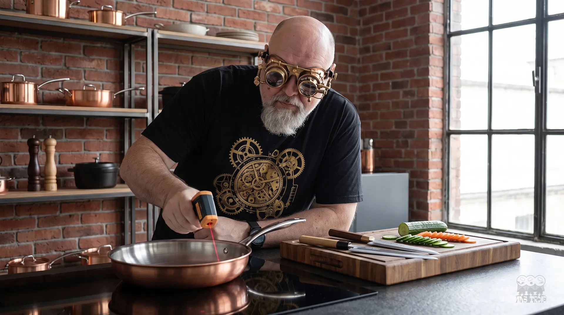 Testowanie jakości patelni i akcesoriów kuchennych w nowoczesnej kuchni Prestizowa Kuchnia. Mężczyzna w okularach steampunkowych testuje temperaturę patelni w kuchni z miedzianymi garnkami.