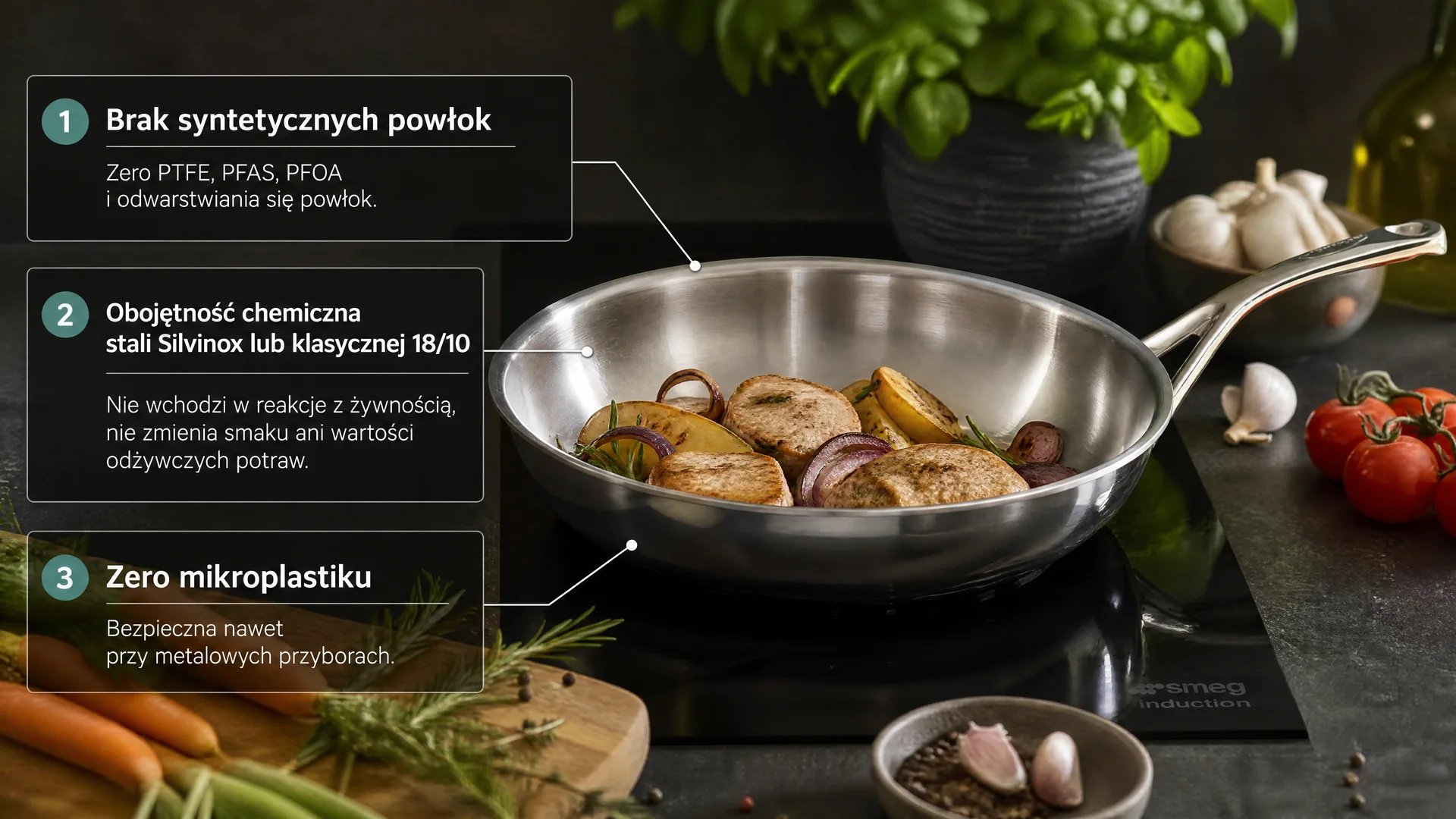 Patelnia ze stali nierdzewnej bez powłok z warzywami – zdrowe smażenie i brak mikroplastiku.