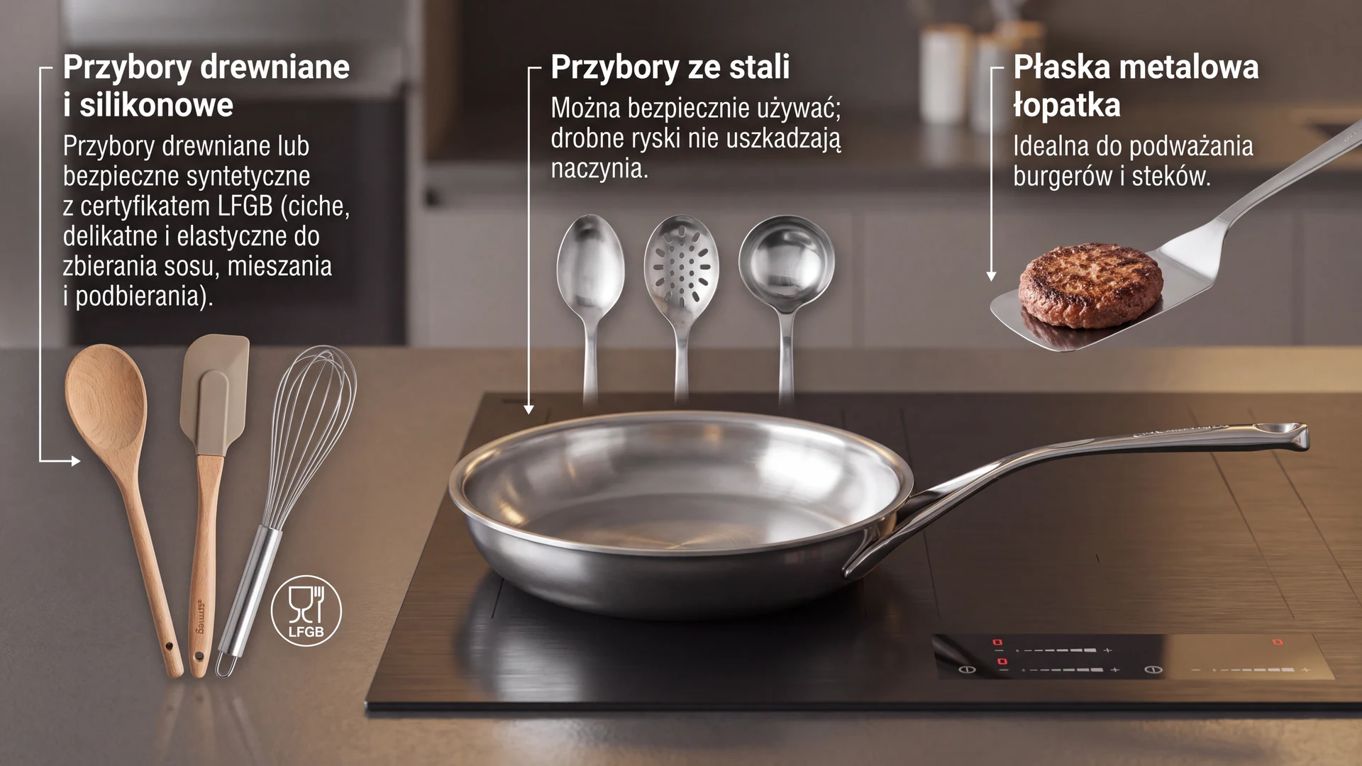 Akcesoria kuchenne bezpieczne dla patelni ze stali nierdzewnej – przegląd i zastosowanie. Różne przybory kuchenne do mieszania na patelni ze stali nierdzewnej – drewno, silikon, stal, łopatka.