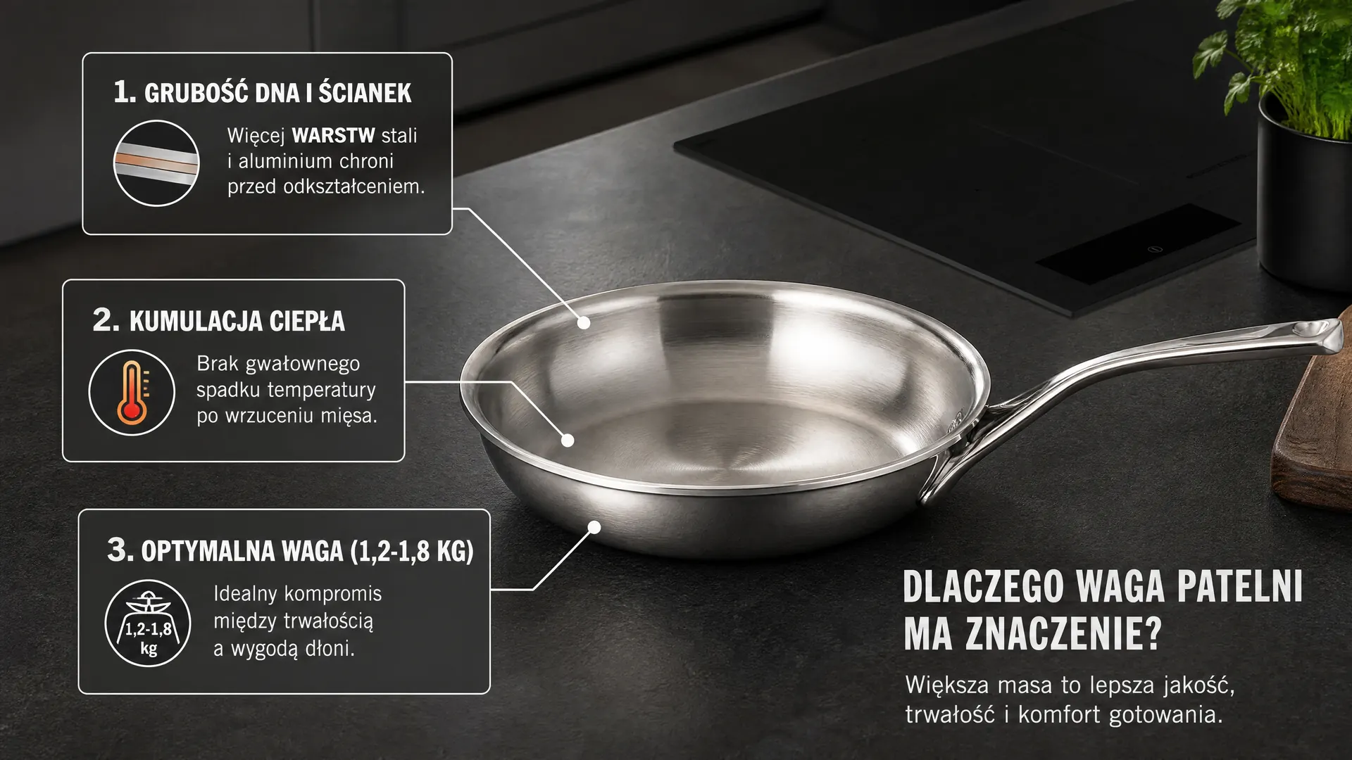 Zalety patelni stalowej – wytrzymałość, równomierne nagrzewanie i wygoda użytkowania. Stalowa patelnia na blacie kuchennym z infografiką o grubości, kumulacji ciepła i optymalnej wadze.
