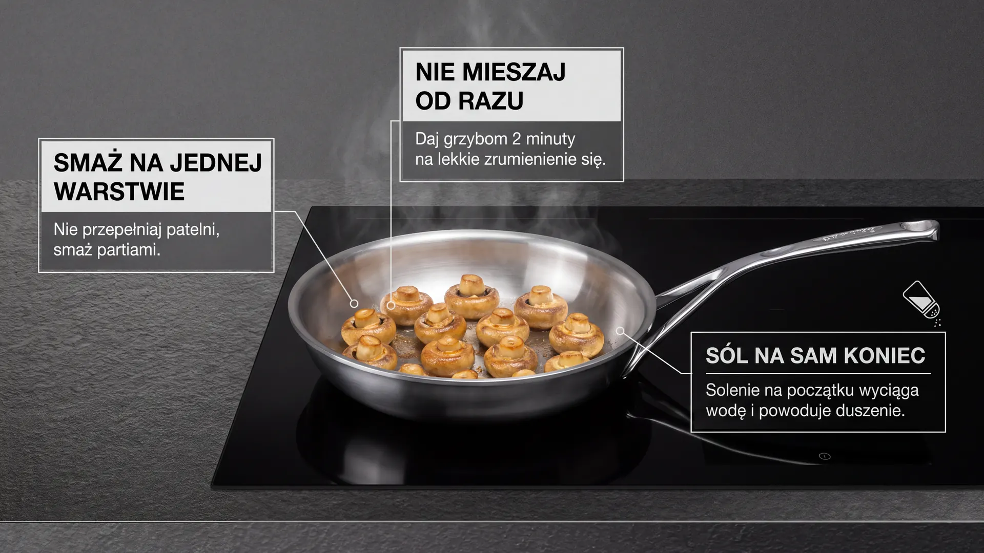 Smażenie pieczarek na patelni stalowej – praktyczne wskazówki dla idealnego zarumienienia. Pieczarki smażone na stalowej patelni w jednej warstwie na płycie indukcyjnej, bez mieszania.