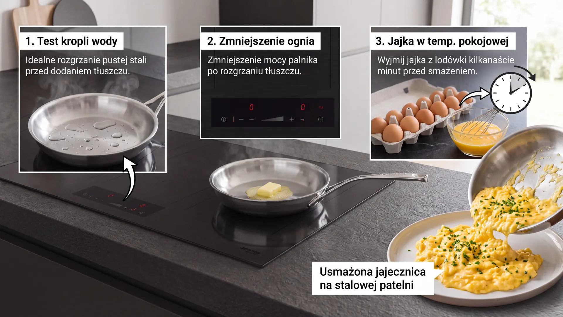 Sposób smażenia jajecznicy na stalowej patelni krok po kroku – test wody, masło, jajka w temperaturze pokojowej