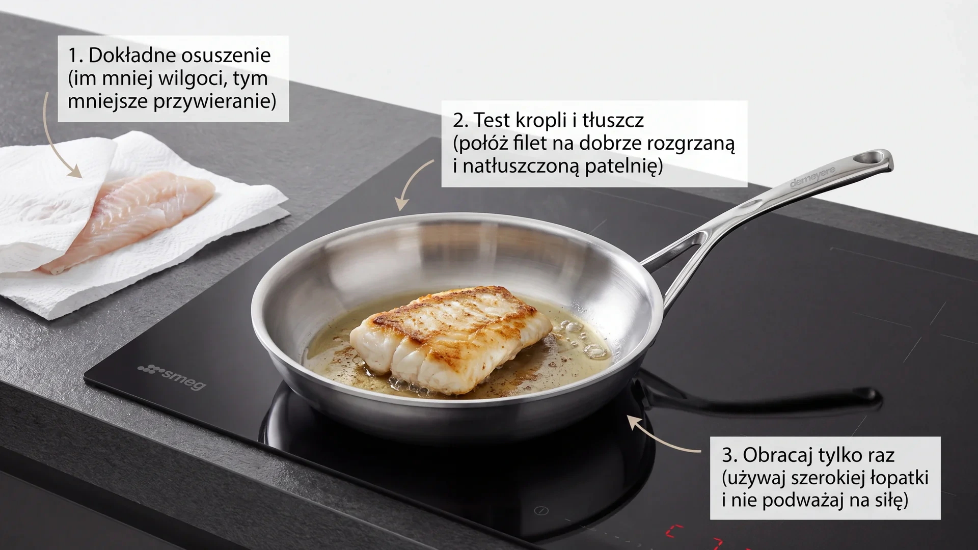 Smażenie filetu rybnego na stalowej patelni – kluczowe etapy, by ryba nie rozpadła się podczas obracania