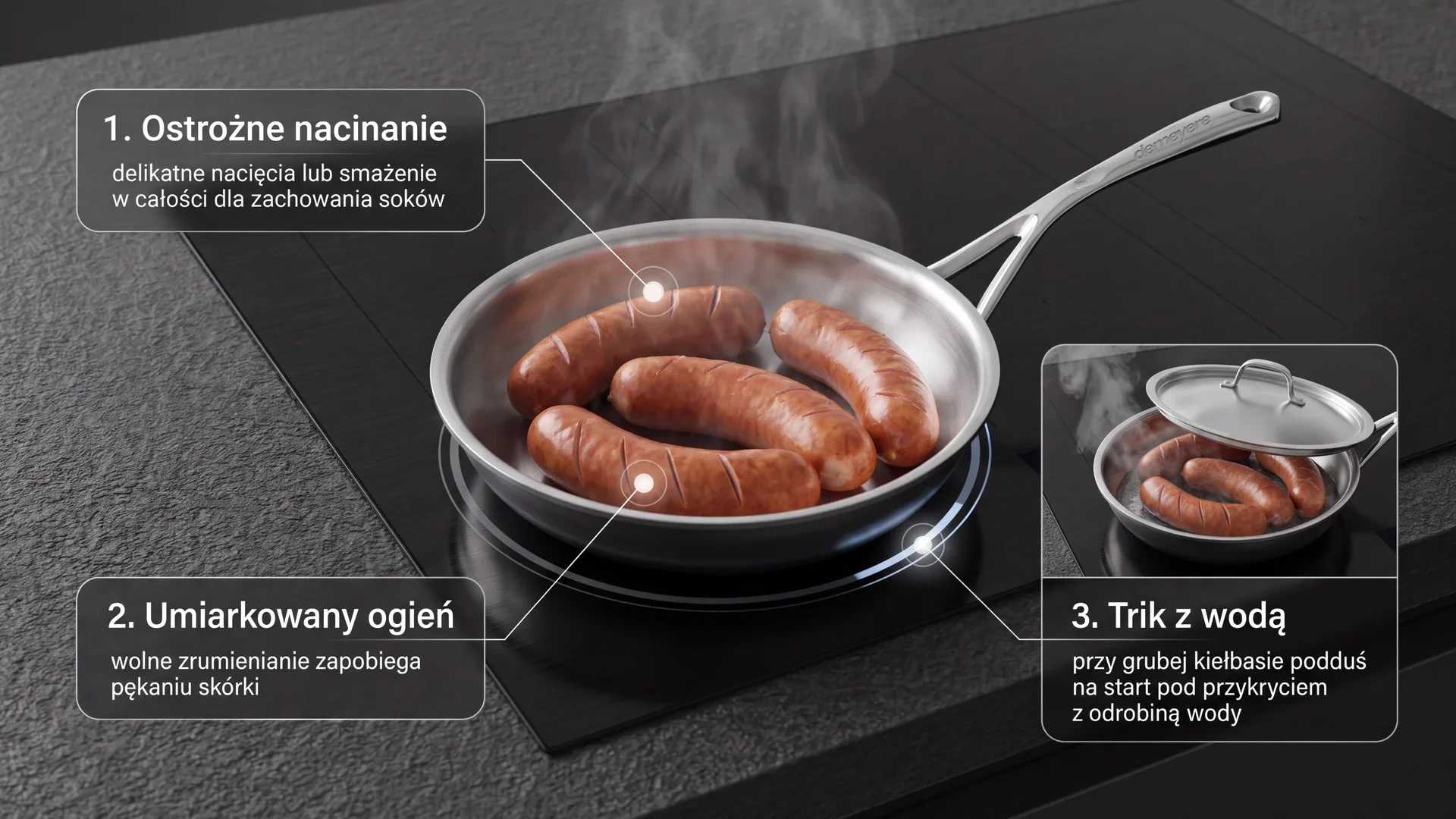 Kiełbasa smażona na stalowej patelni, instrukcje krojenia, ognia i duszenia z wodą, aby była soczysta