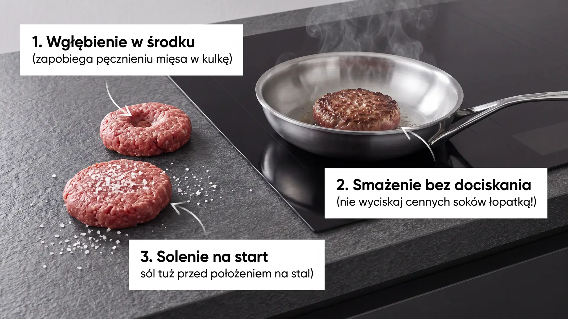 Przygotowanie burgera na stalowej patelni – etapy od formowania do smażenia bez dociskania Soczysty burger smażony na stalowej patelni, obok surowe kotlety z solą na czarnej desce kuchennej