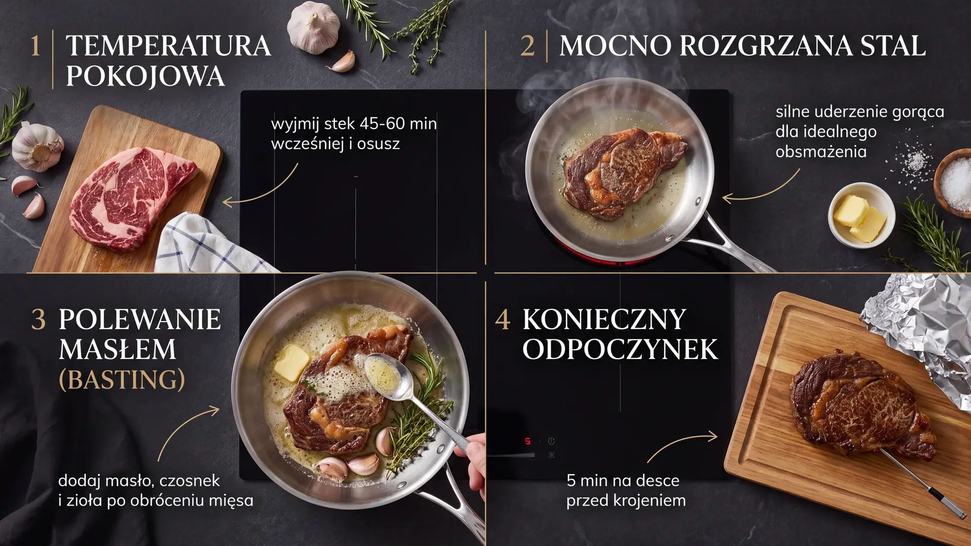 Instrukcja smażenia steka na stali – cztery etapy do chrupiącej skórki i różowego środka.