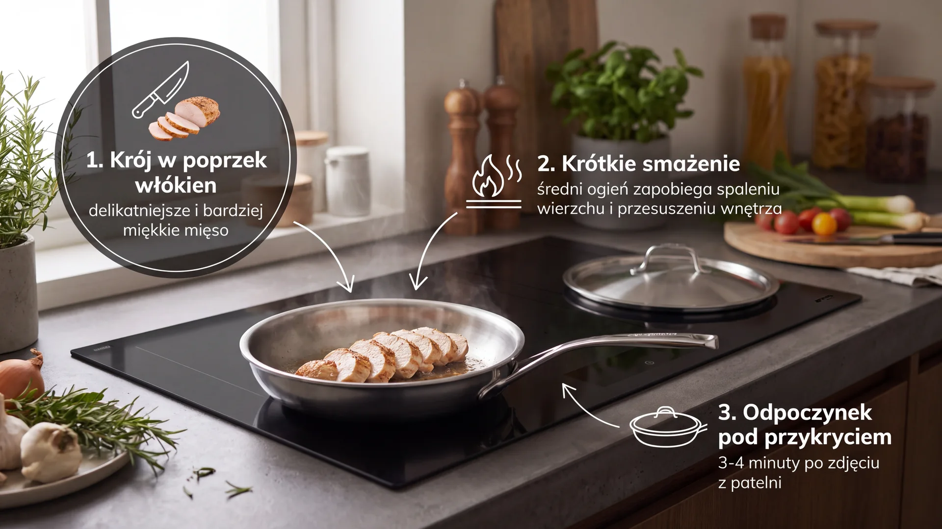 Filet z indyka smażony na stalowej patelni, krojony w poprzek włókien, na tle kuchni z ziołami.