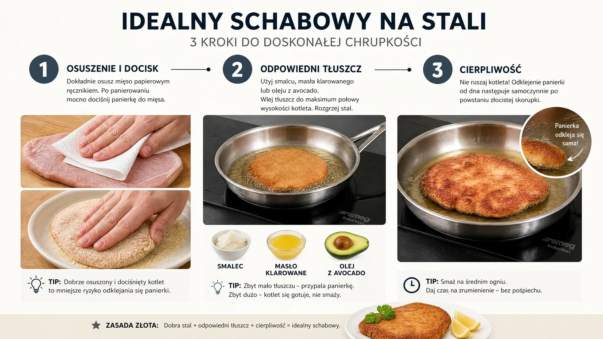 Trzy etapy smażenia schabowego na stalowej patelni, by panierka była chrupiąca i nie odpadała.