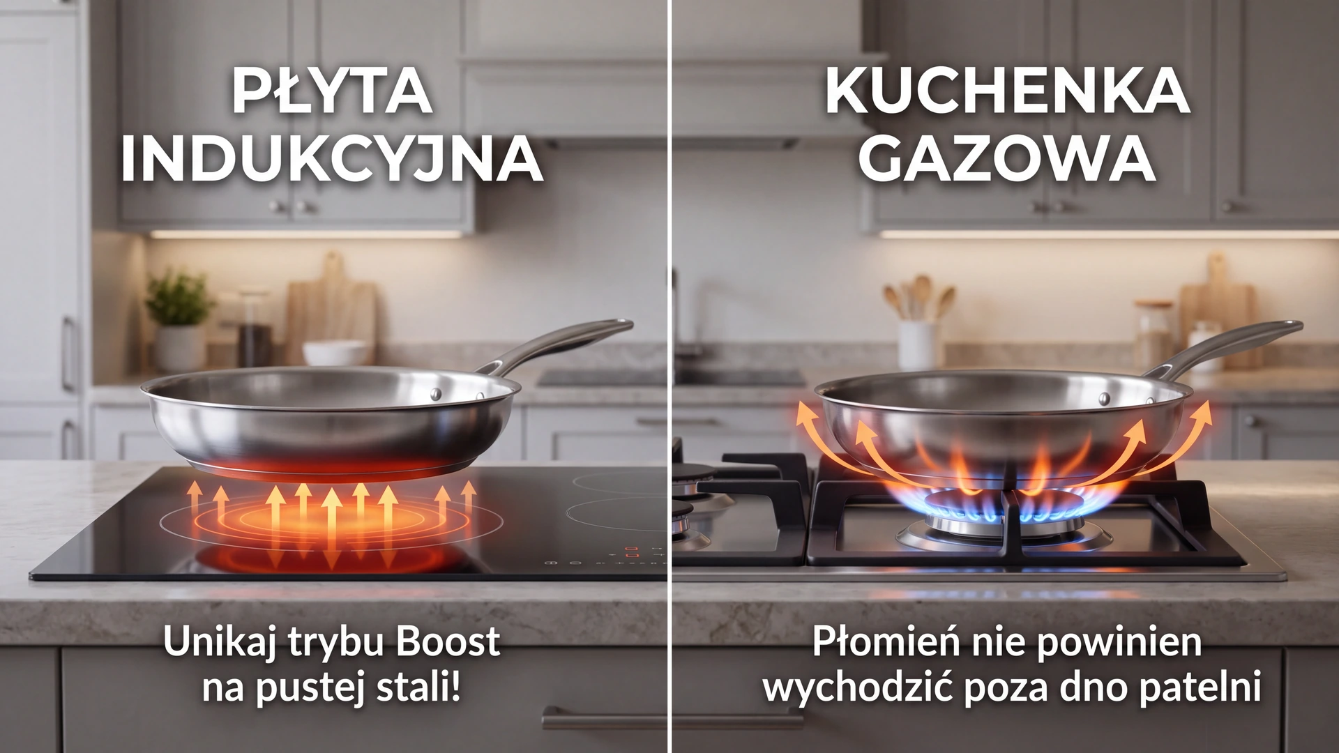 Różnice w gotowaniu na indukcji i gazie – patelnia stalowa na dwóch typach kuchenek kuchennych Patelnia ze stali nierdzewnej na płycie indukcyjnej i kuchence gazowej – porównanie użytkowania