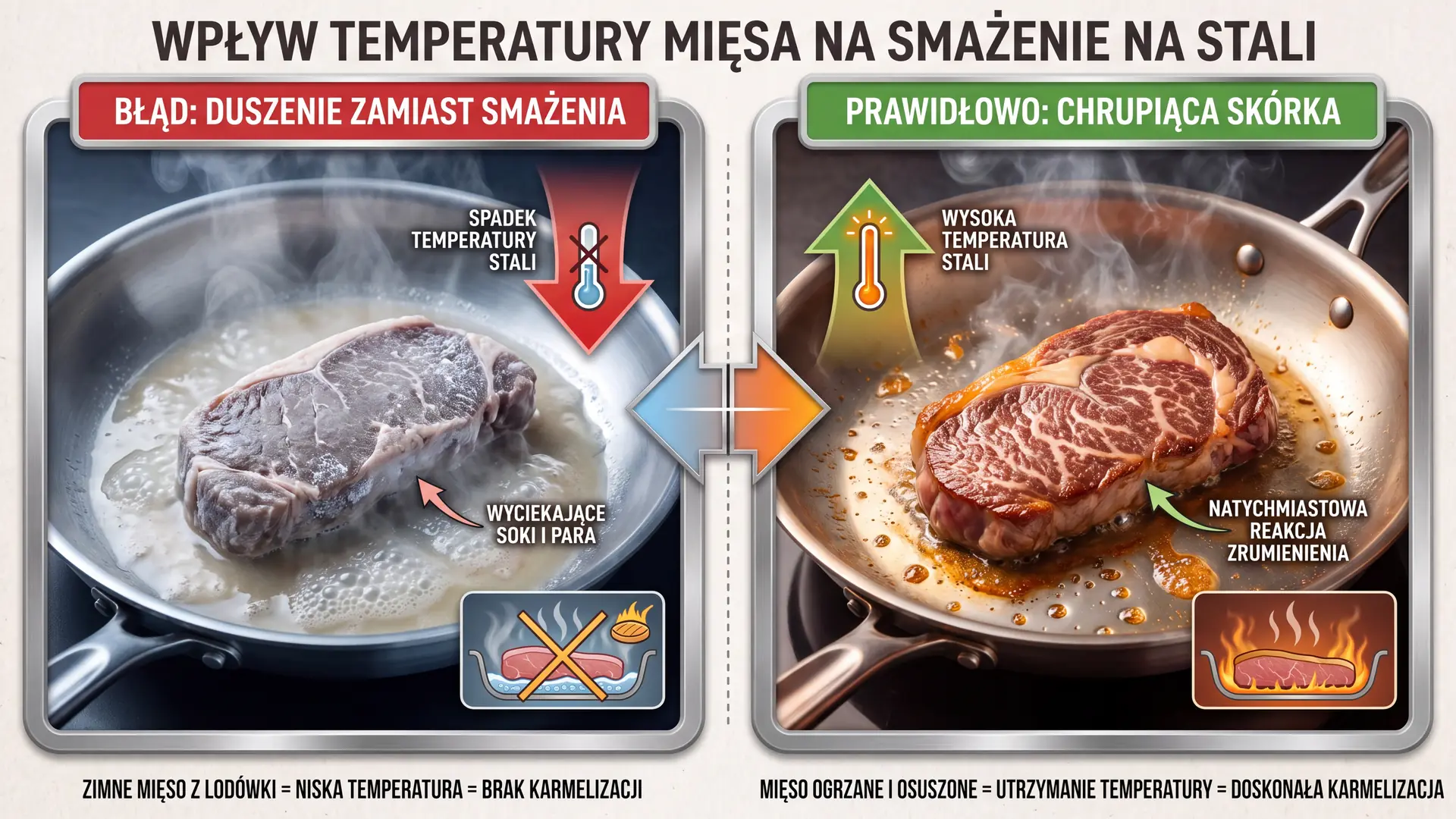 Porównanie smażenia zimnego i ogrzanego mięsa na patelni stalowej – efekt duszenia i chrupiącej skórki