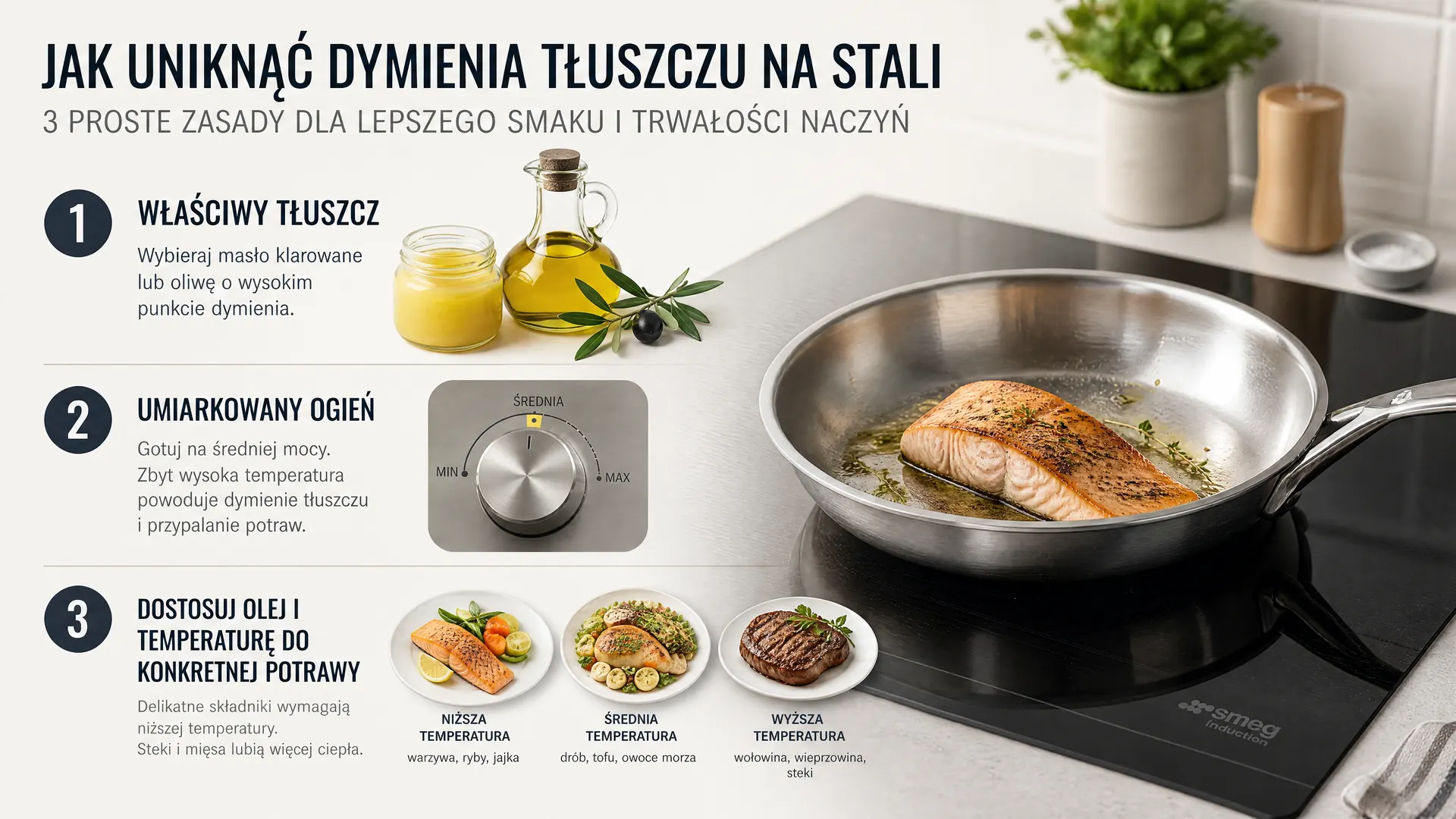 Smażenie łososia na stalowej patelni z oliwą i masłem klarowanym, kontrola temperatury tłuszczu.