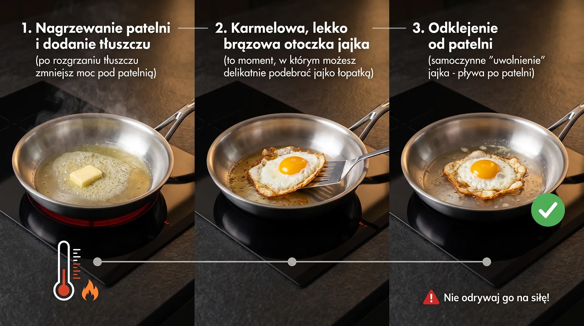 Trzy etapy smażenia jajka na stalowej patelni – od roztopienia masła po swobodne odklejenie.