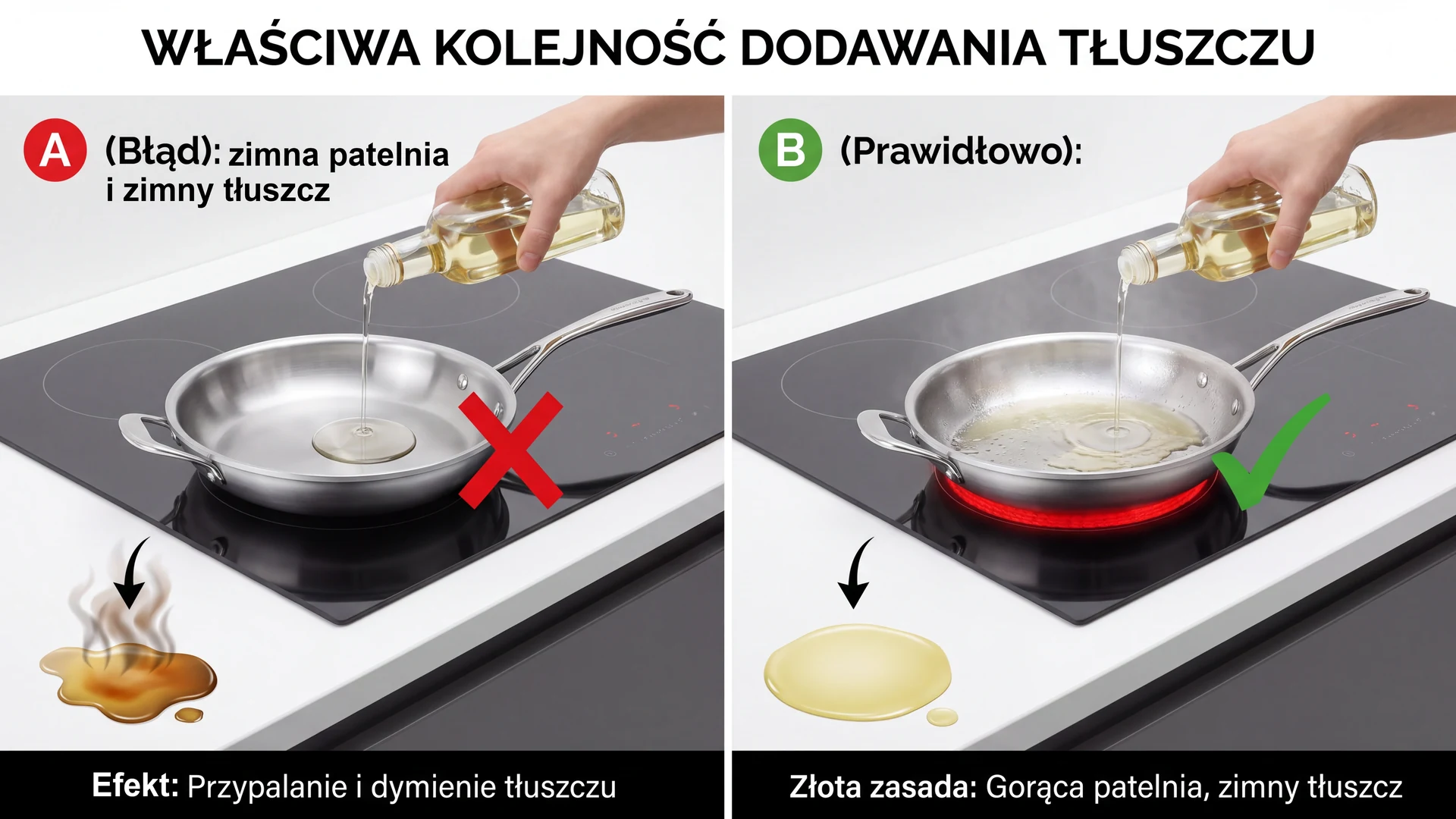 Zasada smażenia: zimny tłuszcz na rozgrzaną stalową patelnię – unikaj błędów! Porównanie: dodawanie tłuszczu na zimną i gorącą patelnię stalową, prawidłowa kolejność