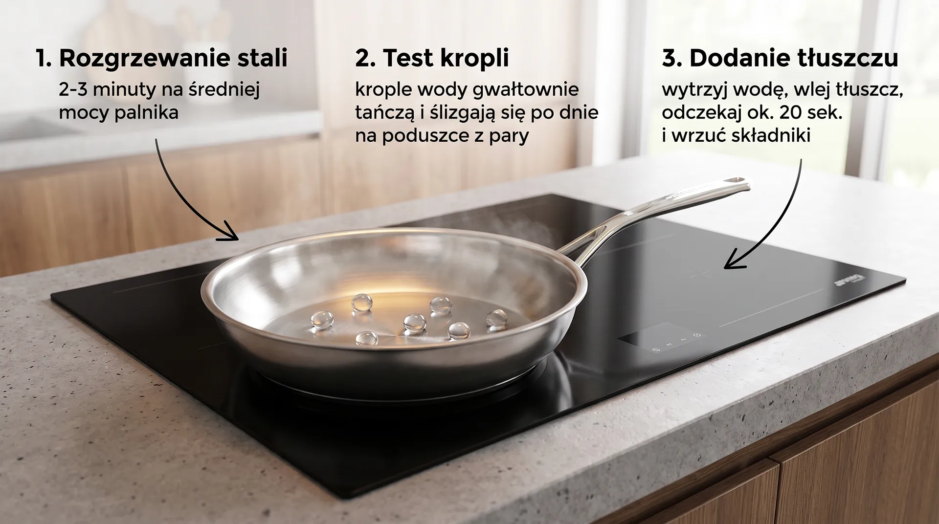 Test kropli wody na rozgrzanej patelni ze stali nierdzewnej na płycie indukcyjnej – sprawdzenie temperatury