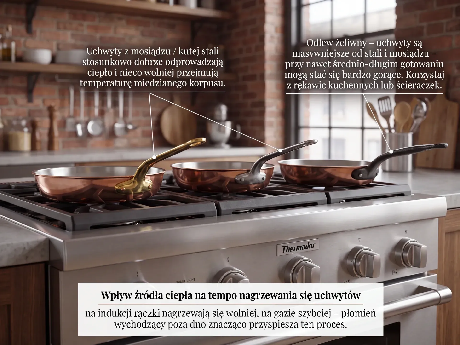 Miedziane patelnie z różnymi rączkami na kuchence – wpływ materiału uchwytu na nagrzewanie się