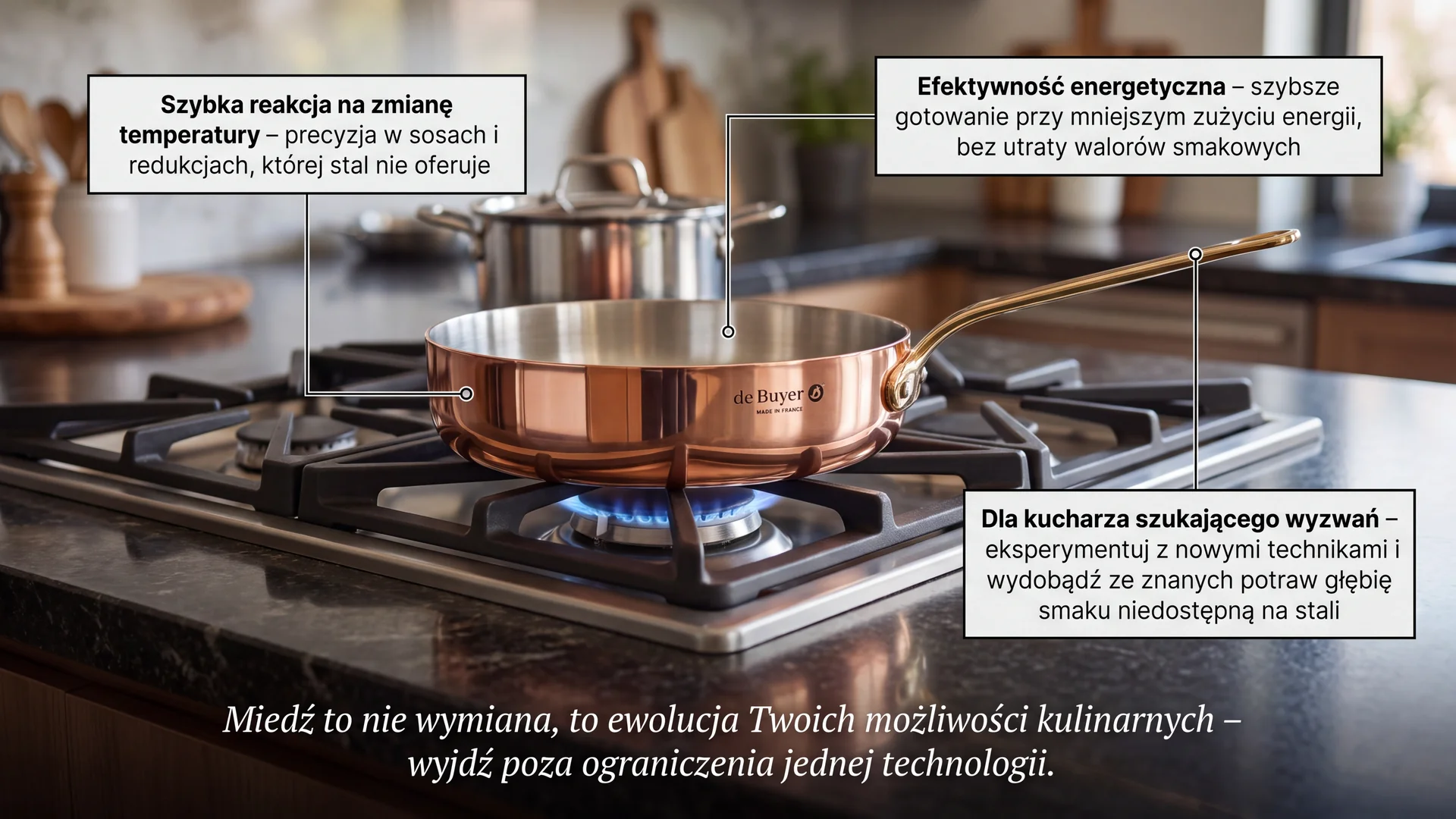Patelnia miedziana de Buyer na kuchence gazowej – precyzja gotowania i szybka reakcja na temperaturę