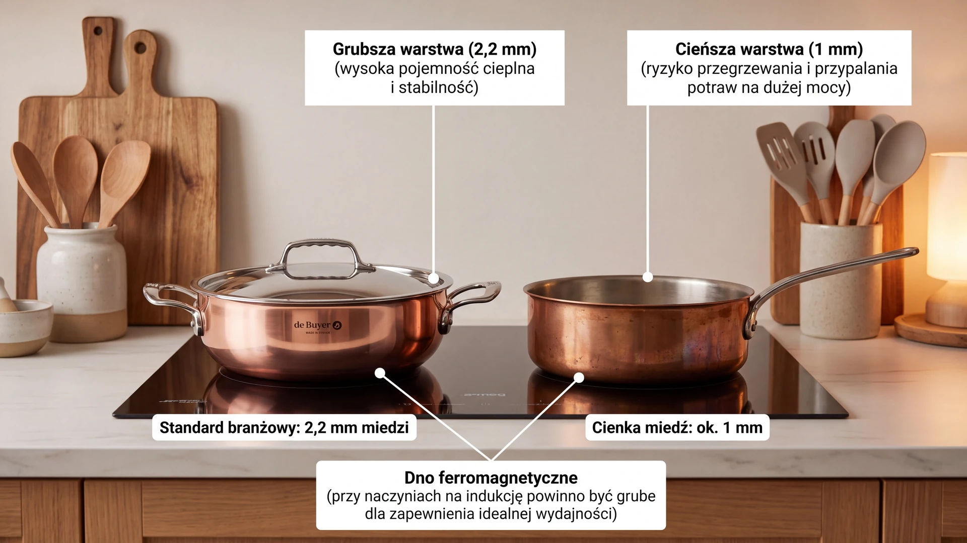 Porównanie grubości miedzi w garnkach kuchennych – 2,2 mm vs 1 mm na płycie indukcyjnej