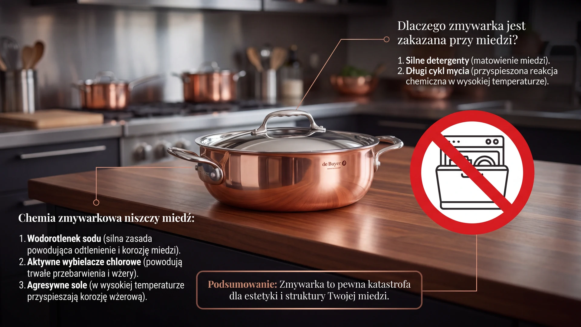 Miedziany garnek na drewnianym blacie kuchni z infografiką o szkodliwości zmywarki dla naczyń z miedzi