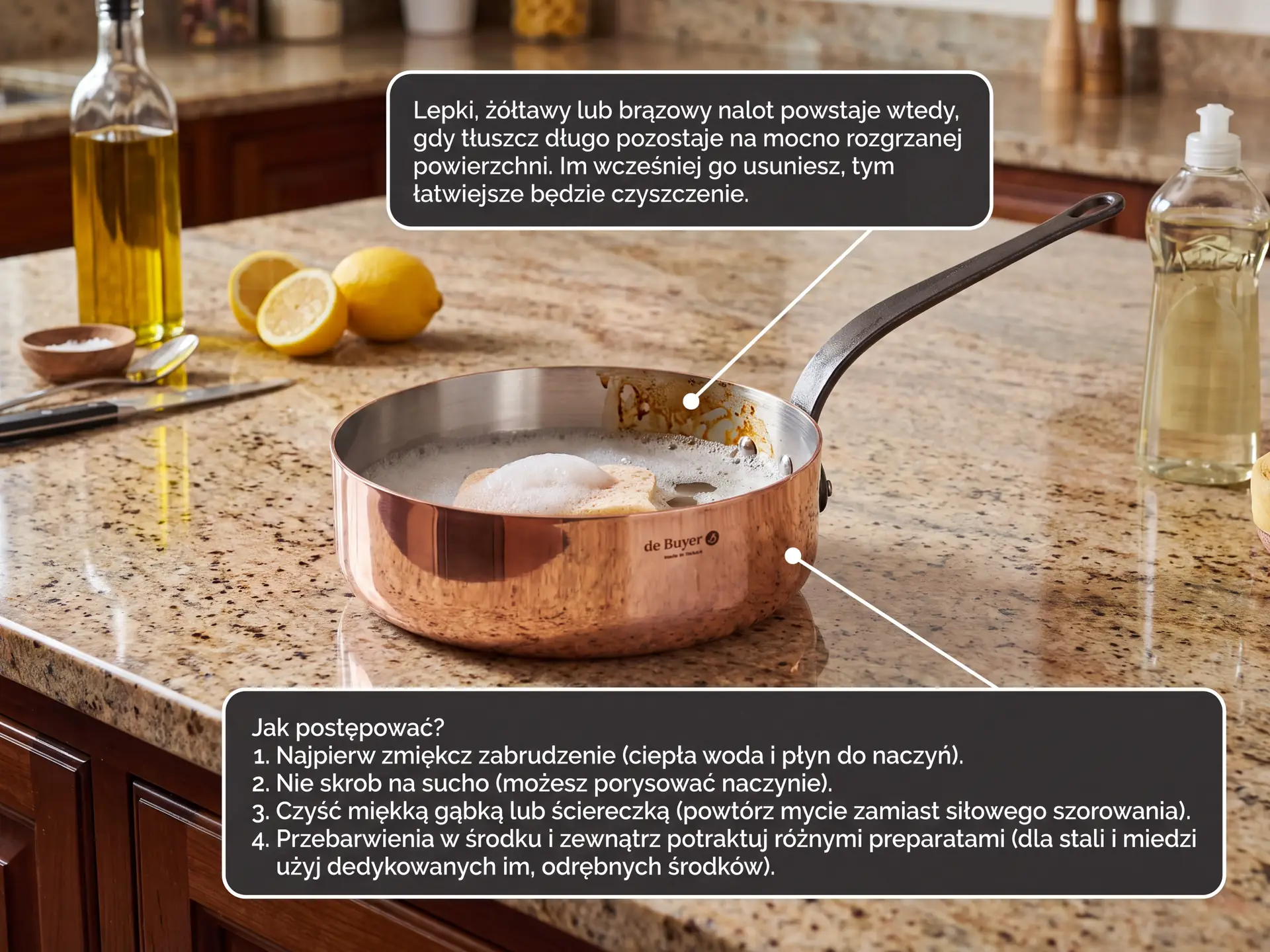 Miedziany rondel z zabrudzeniem po oleju, cytryny i środki czyszczące na kuchennym blacie, instrukcje czyszczenia