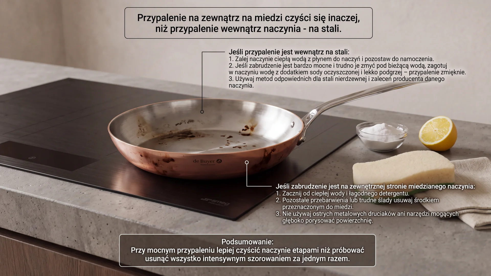 Przypalona patelnia miedziana – jak bezpiecznie czyścić naczynia miedziane z trudnych zabrudzeń. Mocno przypalona miedziana patelnia na kuchence, obok cytryna, soda i gąbka do czyszczenia kuchni.
