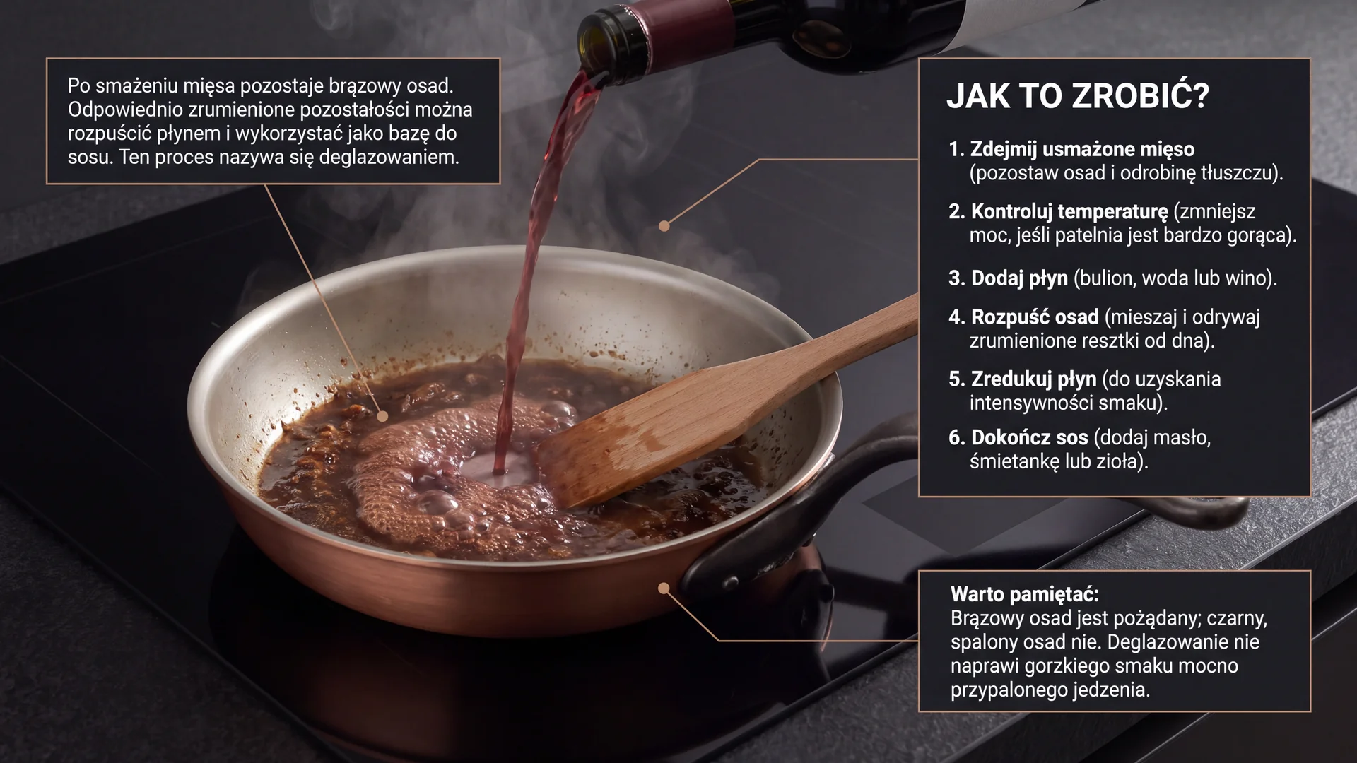 Deglazowanie osadu na miedzianej patelni – wlewanie czerwonego wina do gorącej patelni po smażeniu mięsa