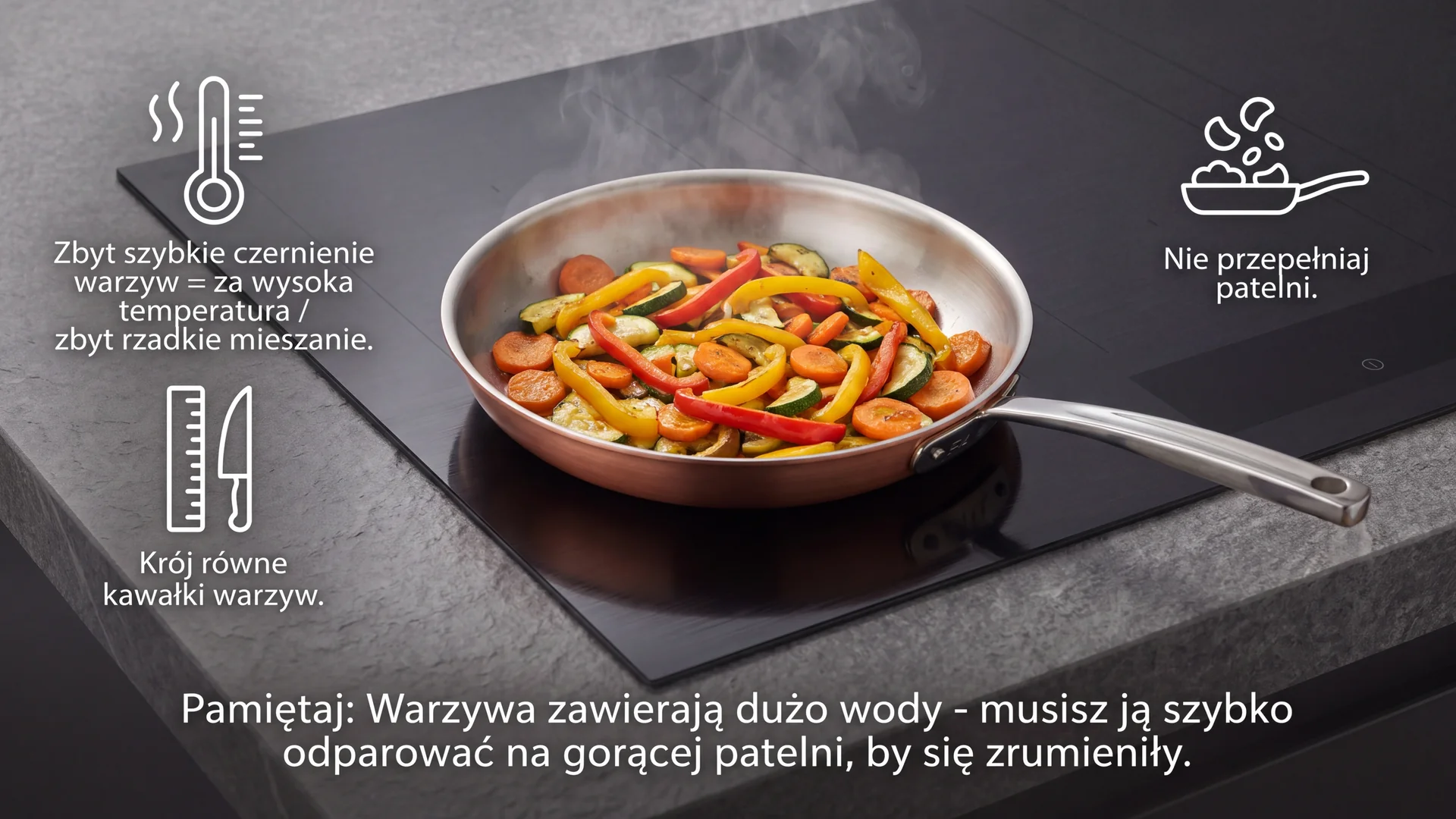 Kolorowe warzywa na patelni miedzianej – infografika z poradami do smażenia bez przypalania. Smażone warzywa na patelni miedzianej oraz wskazówki dotyczące techniki smażenia na kuchence indukcyjnej.