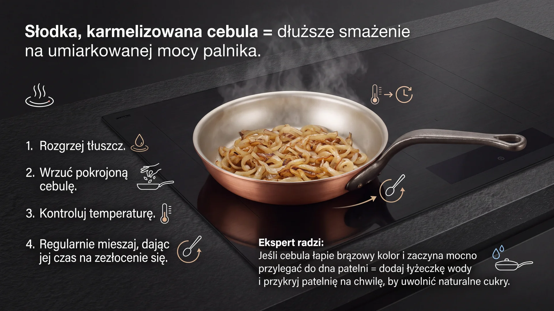 Smażenie cebuli na patelni miedzianej, instrukcja krok po kroku, jak uzyskać złocisty kolor