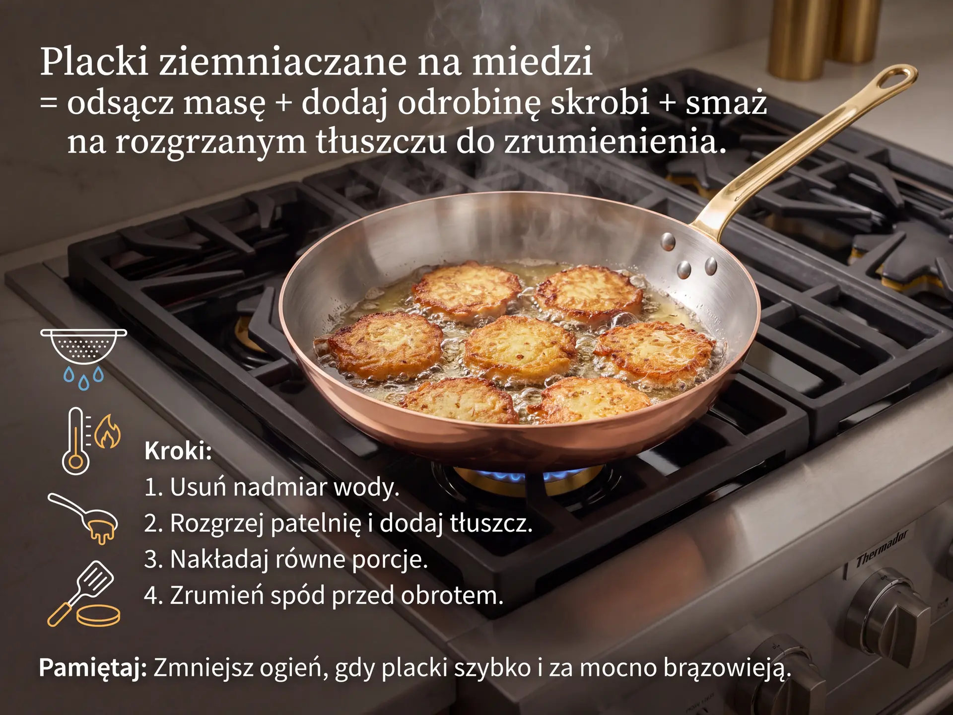 Placki ziemniaczane smażone na patelni miedzianej na kuchence gazowej według instrukcji krok po kroku