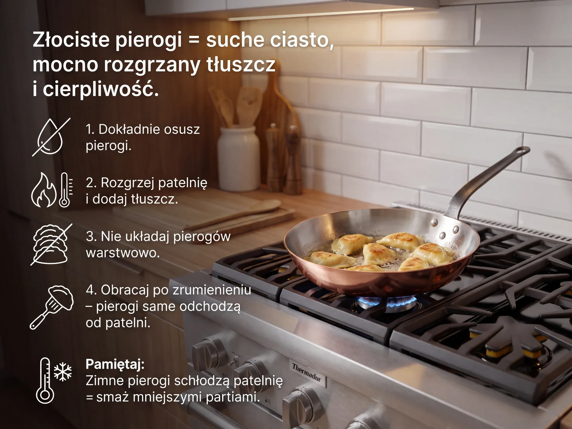 Smażenie pierogów na miedzianej patelni zgodnie z instrukcjami na tle kuchennego blatu